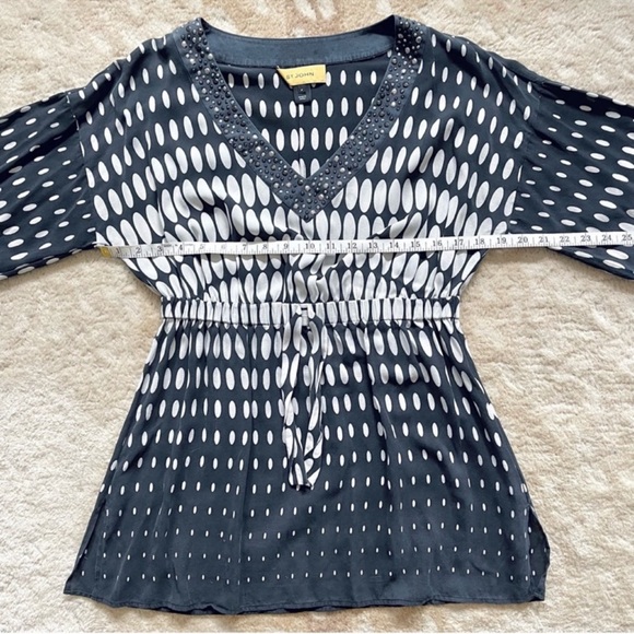 St. John Long Sleeve Silk Mini Dress Black White Dot Print Studded V Neck Size P - Picture 5 of 15